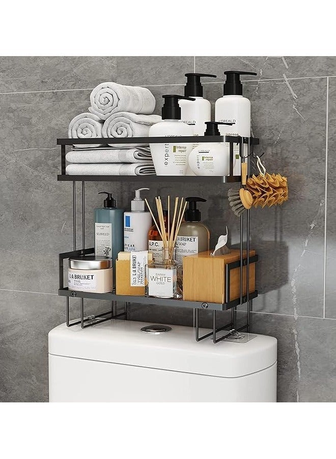 عربست مساحة الحمام بدون حفر - رف فوق المرحاض متعدد الطبقتين مقاوم للماء والصدأ مع 6 خطافات وقاعدة لاصقة، باللون الأسود الحديث - Image 1